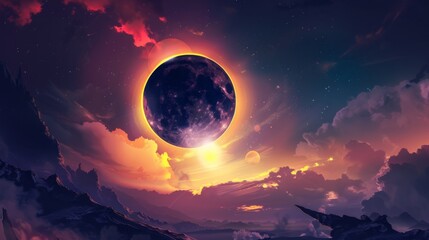 Solar eclipse illustration. Above the water