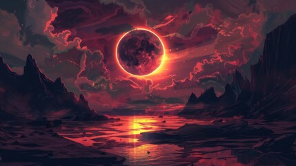 Solar eclipse illustration. Above the water