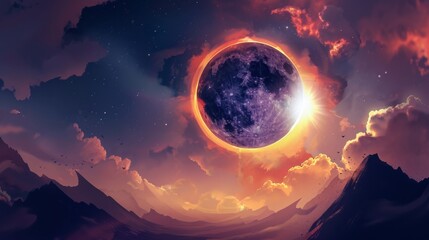 Solar eclipse illustration. Above the water