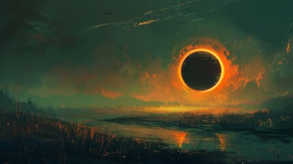 Solar eclipse illustration. Above the water
