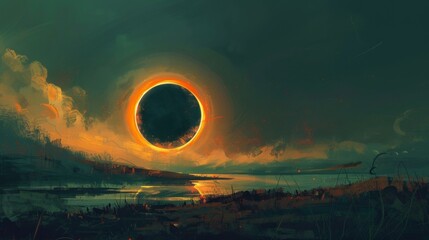 Solar eclipse illustration. Above the water