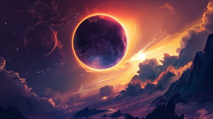 Solar eclipse illustration. Above the water