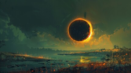 Solar eclipse illustration. Above the water