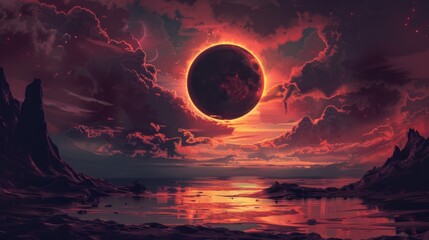 Solar eclipse illustration. Above the water