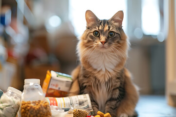 a cat sits on a table with some food and milk.