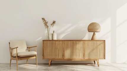 Minimalist Midcentury Modern Wooden Sideboard with Chair and Lamp
