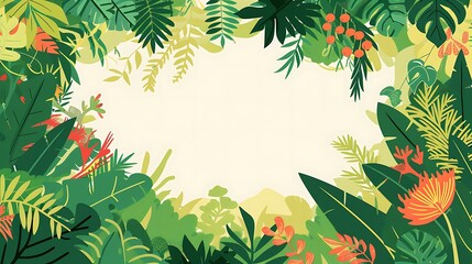 Develop a World Environment Day frame illustrating diverse ecosystems with flourishing plant life, with an empty space in the center for personalization
