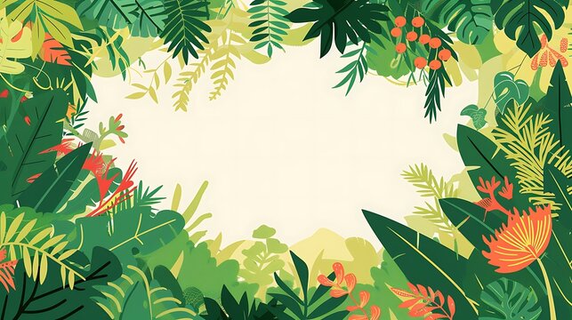 Develop a World Environment Day frame illustrating diverse ecosystems with flourishing plant life, with an empty space in the center for personalization