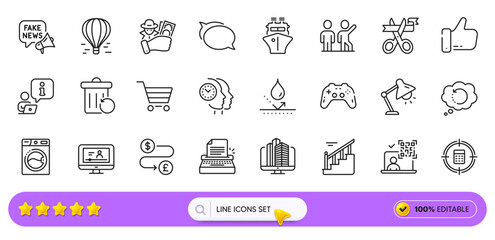 Market sale, Online video and Calculator target line icons for web app. Pack of Time management, Washing machine, Fake news pictogram icons. Typewriter, Qr code, Talk bubble signs. Ship. Vector
