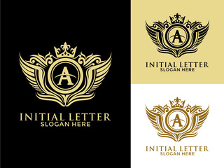Luxury royal wing Letter A Logo vector, Luxury wing crown emblem alphabets logo design template