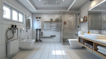 Design a modern bathroom with white tiles, a large glass shower, and a freestanding bathtub. The bathroom should have a minimalist and luxurious feel.