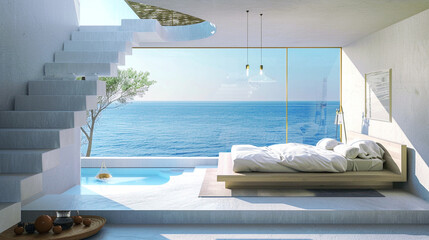 interior of a bedroom, bedroom with white steps, beautiful views of the ocean