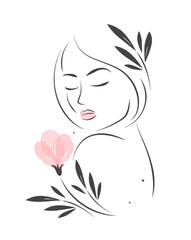Silhouette of a beautiful woman, female face. Female face. Design element for beauty salon. Black and white vector illustration