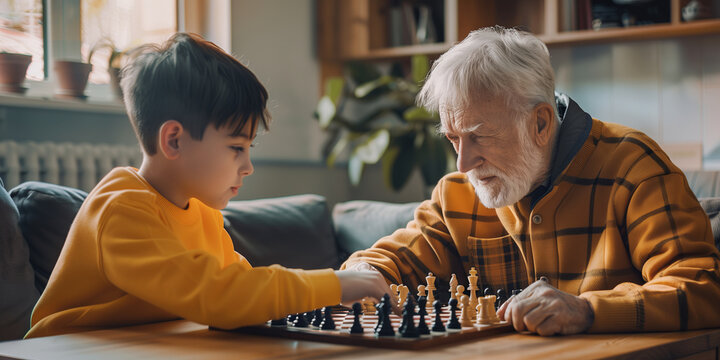 Little smart boy playing chess while spending leisure time at home. Child moving a chess piece on chessboard. Educational board games for little learners.