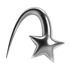 3D Y2K chrome falling star with a curved tail, flash, meteor, or comet. Shiny metallic glossy silver surface. Isolated vector element for retro futuristic design, cyber space, galaxy aesthetic