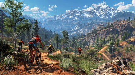 Fototapeta premium Summit Sojourn: Mountain Bikers Conquer Trails in Summer's Glow