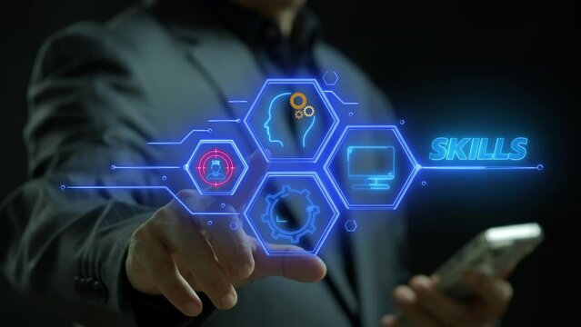 Skill knowledge ability business and technology concept. Work performance is influenced by skills, abilities and competence. Businessman using smartphone to show animated skills icon on virtual screen