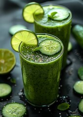 Cucumber Lime Smoothie - Light green with cucumber slices and a lime wedge. 