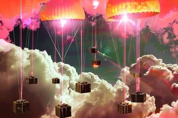 Enchanting 3D visual of parachutes and gift boxes linked by glowing data lines, flying over a cloud landscape, in a flat minimal style with a soft, ethereal background