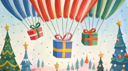 Minimalstyle 3D illustration of a series of gift boxes on parachutes, floating down to a festive scene below, set against a simple, soft background