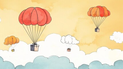Soft and inviting 3D illustration of parachutes gently carrying gift boxes through a digital network of clouds