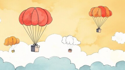 Obraz premium Soft and inviting 3D illustration of parachutes gently carrying gift boxes through a digital network of clouds