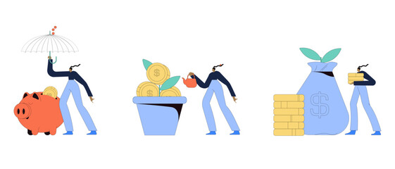 High interest rates. Character opening savings account, receiving interest on deposits, saving money. Low risk income investments, profit concept. Vector illustration isolated on white background.