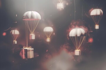 Cloudfilled sky scene where gift boxes tied to parachutes float down, styled in a simple flat minimalistic way against a soft, minimalist background