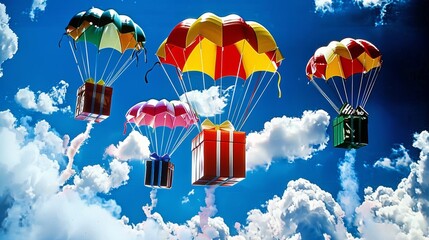Design a festive 3D illustration showing gift boxes descending from parachutes