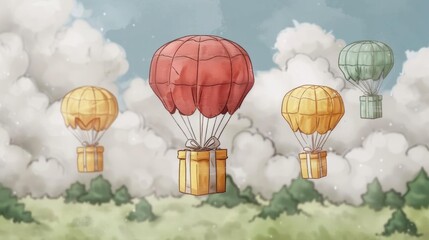 Parachutes each carrying a different colored gift box