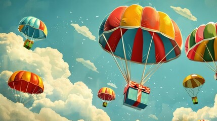 Illustrate a scene with multiple 3D parachutes carrying vibrant gift boxes flying above the clouds, presented in a flat minimal style on a soft gradient backdrop