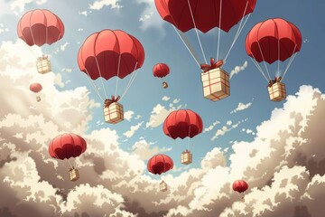Illustrate a series of 3D parachutes each with a unique gift box