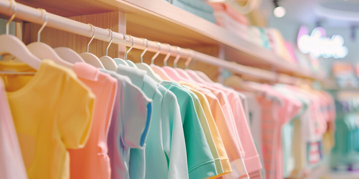 Neat stacks of folded kids clothes on the shop shelves. Pastel colored children shirts, blouses and sweaters in a neatly organized clothing store.