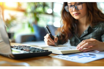 Woman working with laptop and calculator at table
