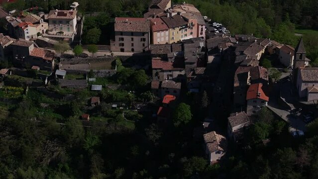 Drone view of the village of Malaussene in the Alps