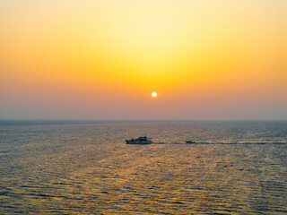 Yacht on the Sea in a beautiful sunrise, Rhodes Greece