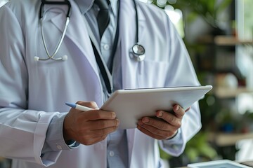 Male doctor using tablet for writing notes