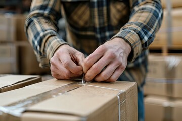 Man in plaid shirt cutting cardboard with scissors