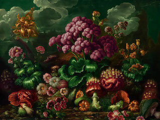 Fototapeta premium Surreal art fantasy scene secret mysterious garden of flowers and plants, peonies, tulips, roses, orchids, fruits, mushrooms. Baroque, renaissance style, rich colors, dramatic lighting, oil painting