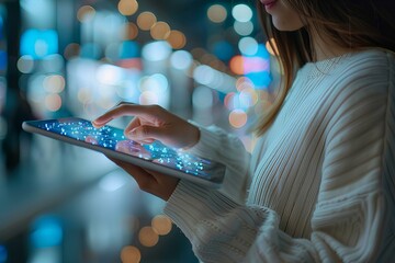 Person using tablet with glowing screen