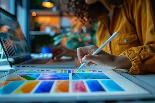Person typing on laptop with colorful design
