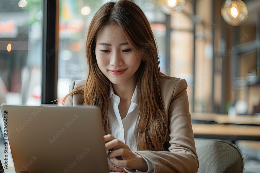 Poster Woman working laptop table cafe