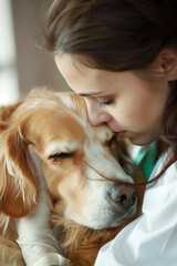 Female vet comforting a dog at vet clinic. Pet at veterinarian doctor. Animal clinic. Pet check up and vaccination. Health care.