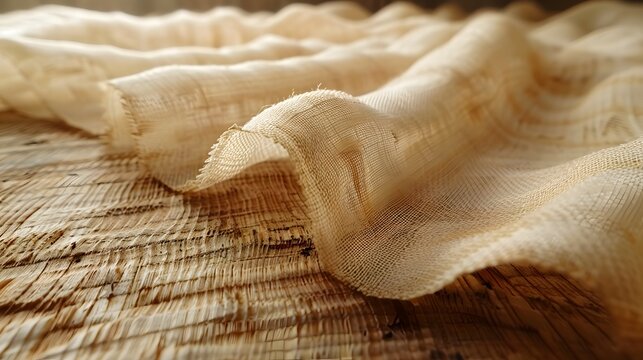Close-up View of Beige Linen Fabric Texture on Wooden Surface for Backgrounds, High-Quality Material Detail