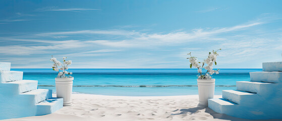 White steps leading to a tropical beach with white flowers.