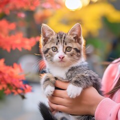 女性に抱っこされる子猫の画像