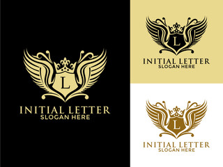 Luxury royal wing Letter L Logo vector, Luxury wing crown emblem alphabets logo design template
