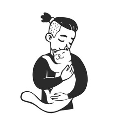 Vector hand-drawn illustration of young man hugged cat in linocut style. Love for a pet.