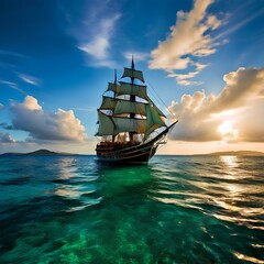 Fototapeta premium an image of a Ship surrounded by a green field in the sea