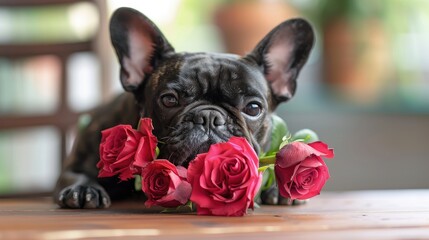 Pug Pup Embracing Elegance: A Pup With Pink Roses